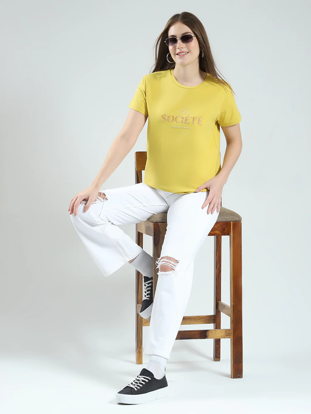Women Mustard Printed Round Neck Half Sleeve Top - Image 2