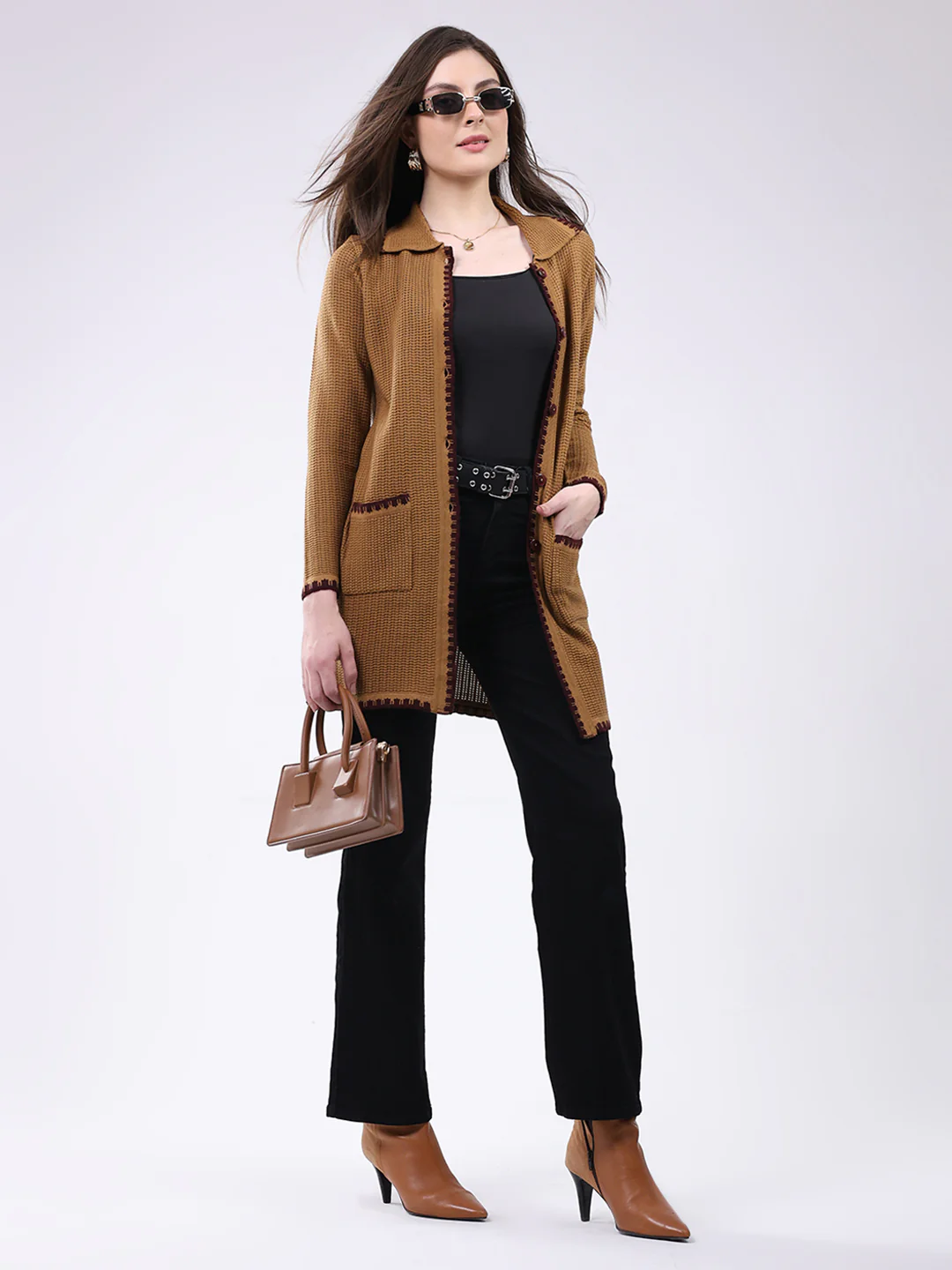 Women Mustard Self Design Collar Full Sleeve Cardigan - Image 2