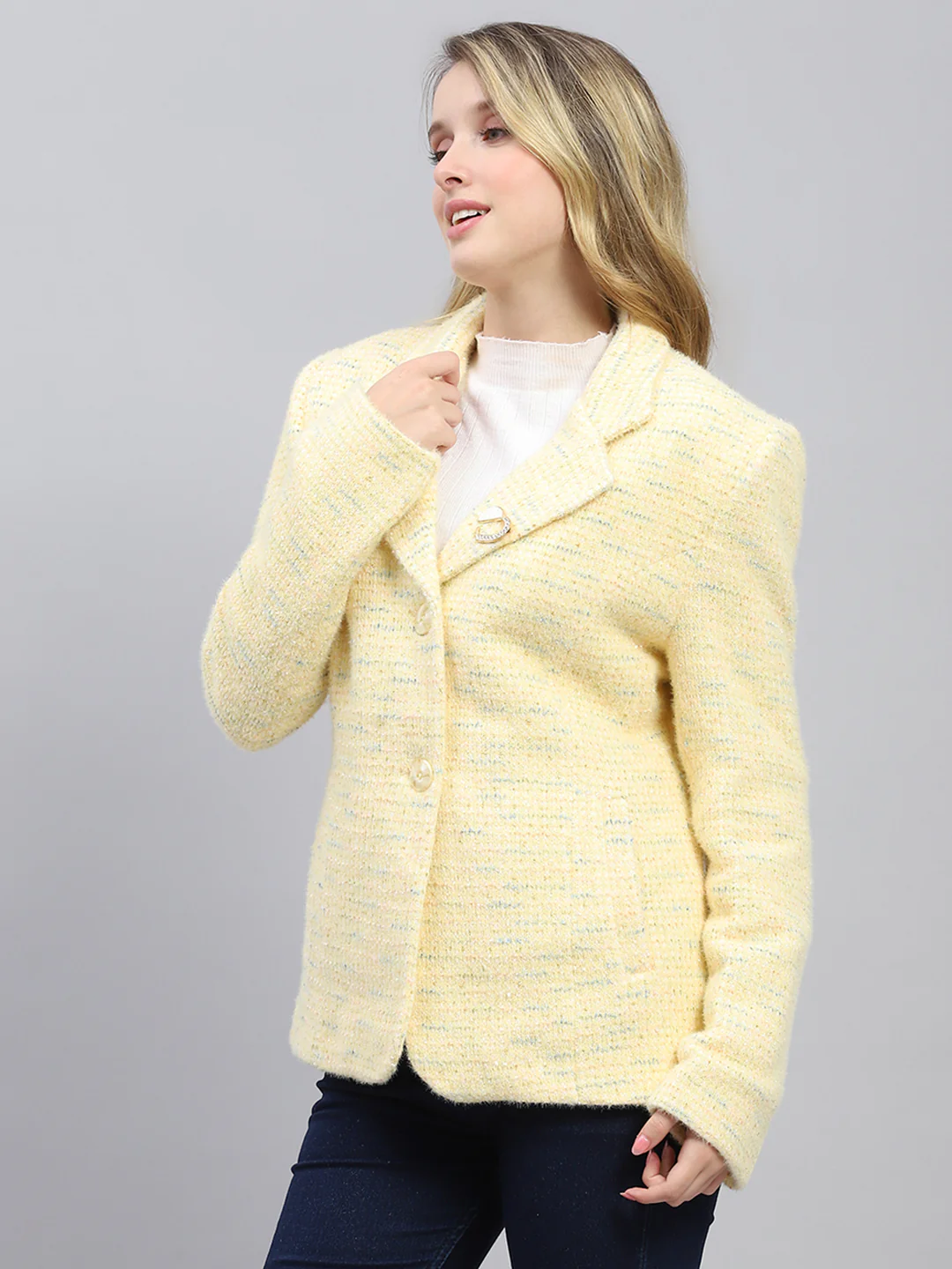 Women Mustard Self Design Collar Full Sleeve Coat - Image 3