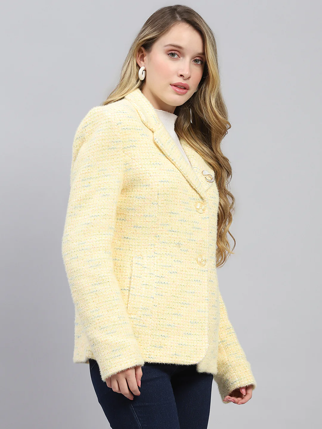 Women Mustard Self Design Collar Full Sleeve Coat - Image 4