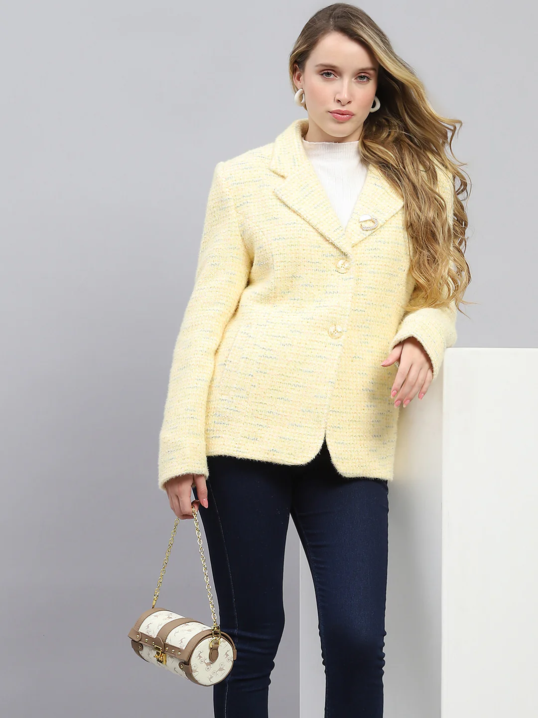 Women Mustard Self Design Collar Full Sleeve Coat - Image 6