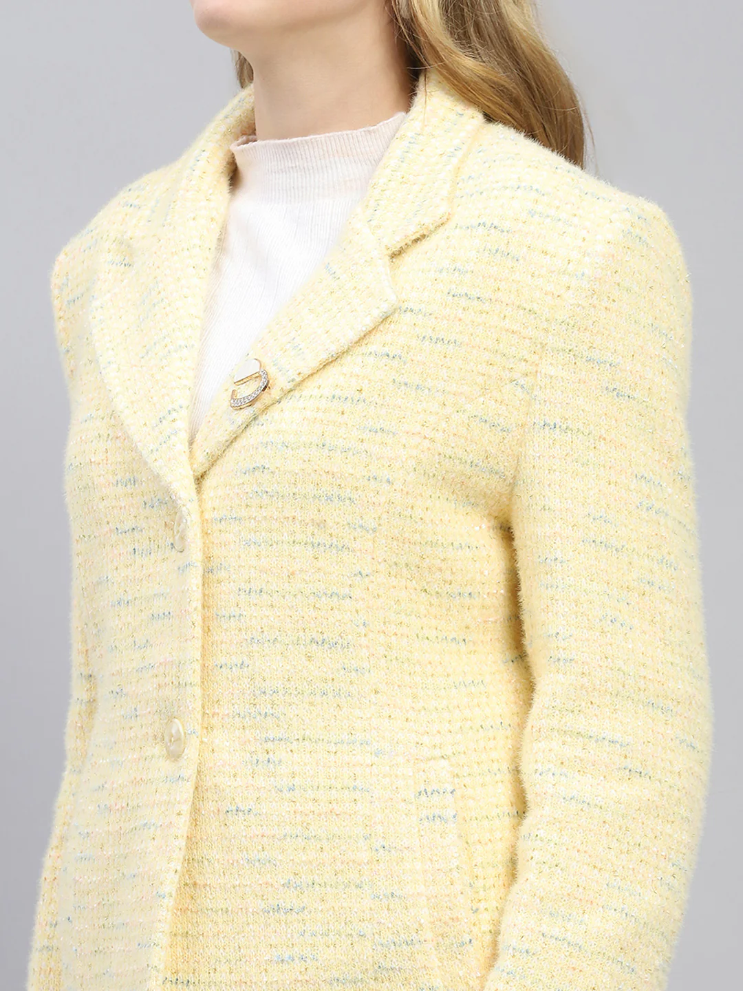 Women Mustard Self Design Collar Full Sleeve Coat - Image 7