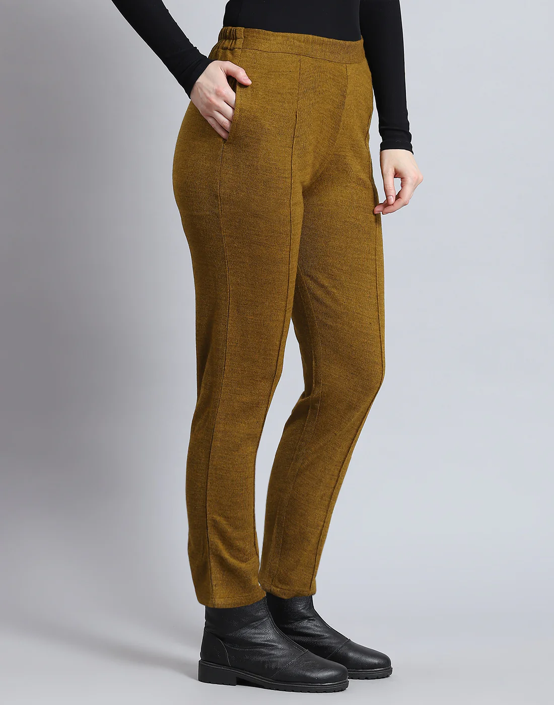Women Mustard Self Design Regular Fit Winter Lower - Image 4