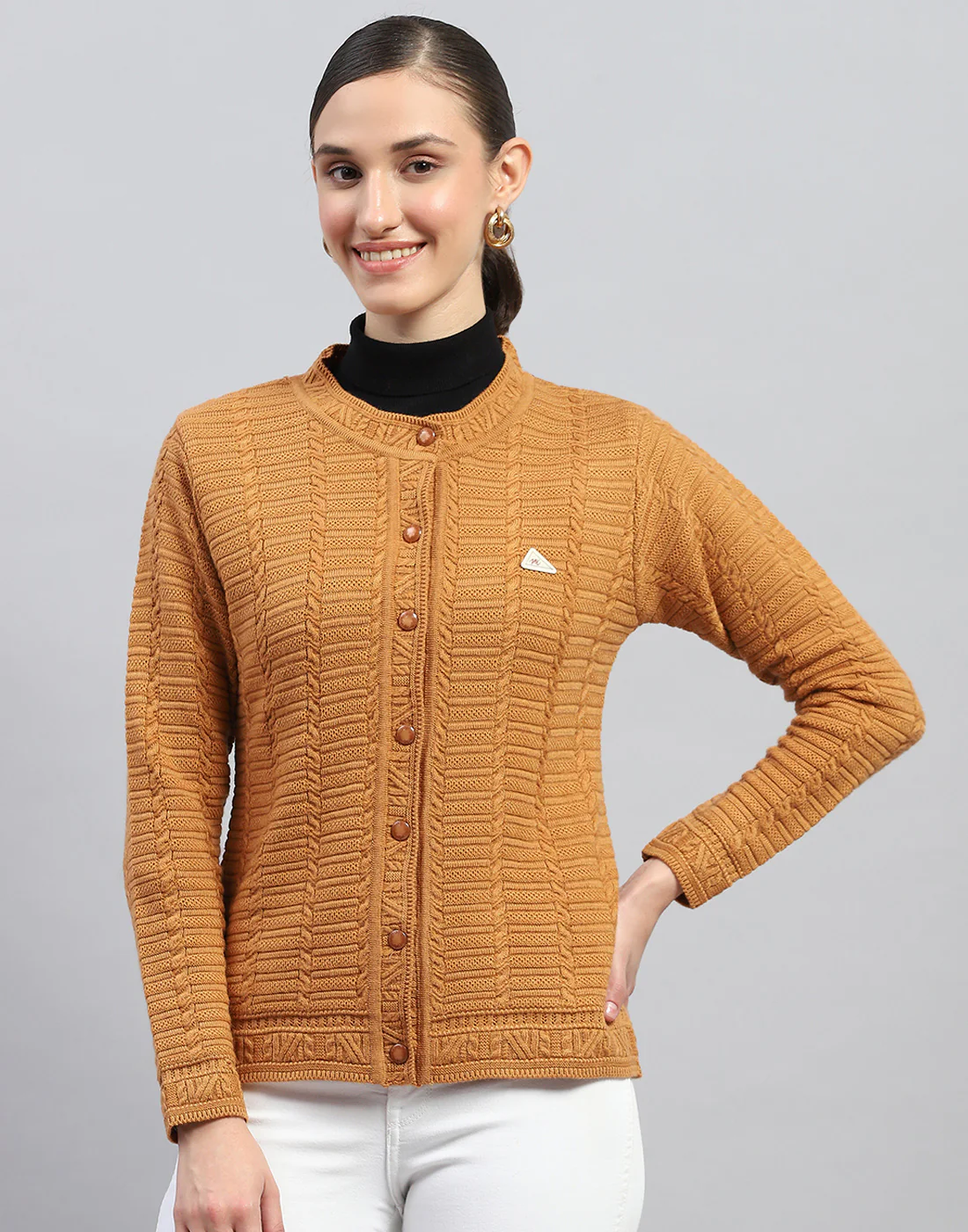 Women Mustard Self Design Round Neck Full Sleeve Cardigan - Image 2