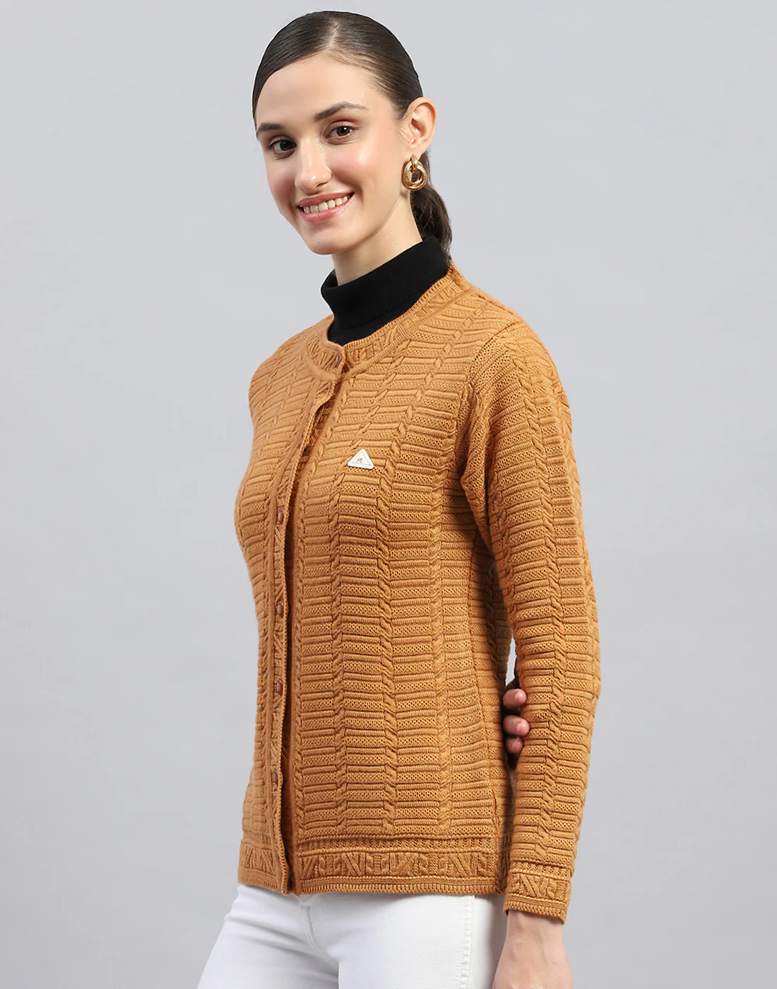 Women Mustard Self Design Round Neck Full Sleeve Cardigan - Image 3