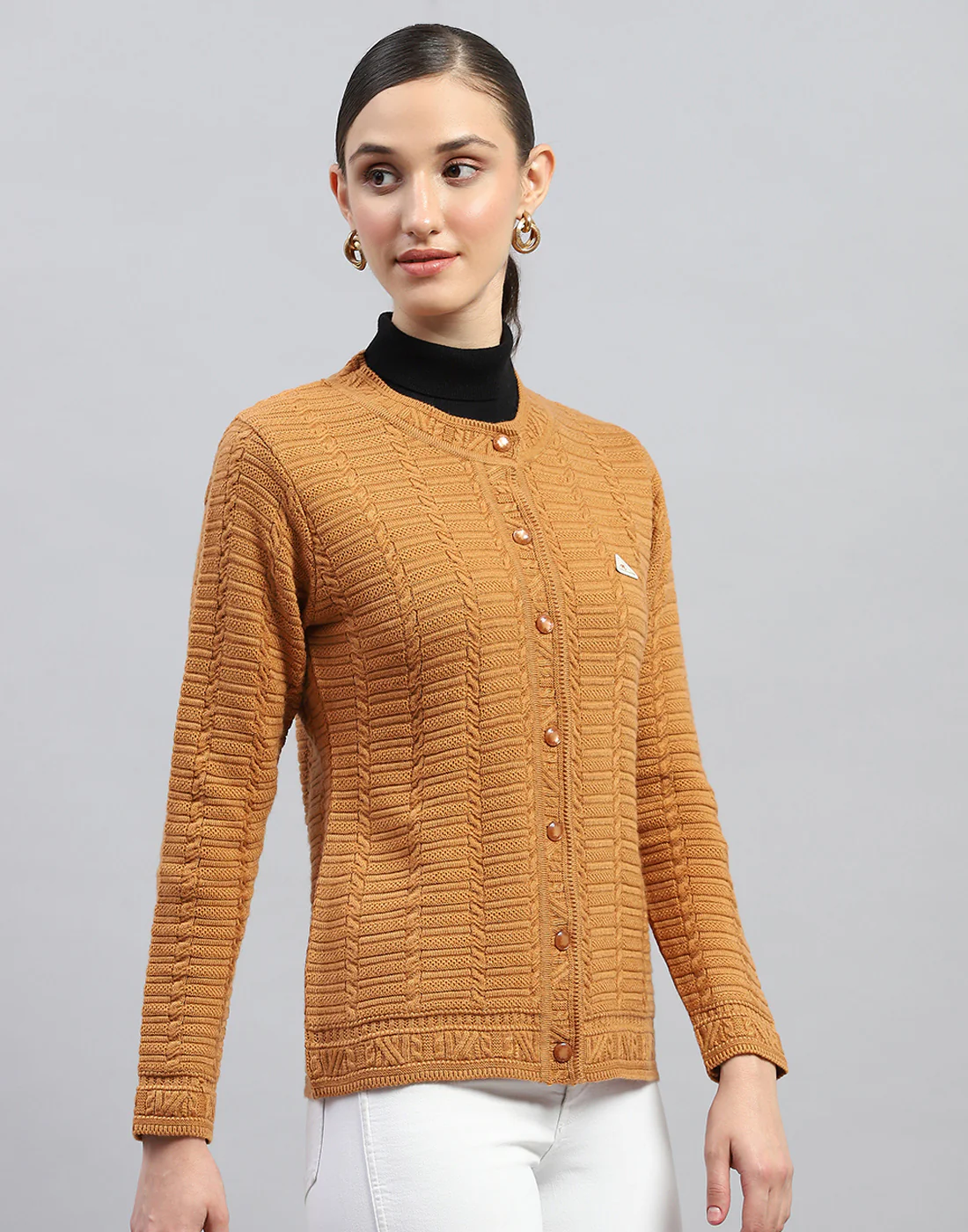 Women Mustard Self Design Round Neck Full Sleeve Cardigan - Image 4