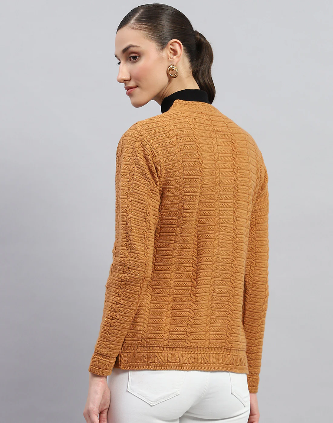 Women Mustard Self Design Round Neck Full Sleeve Cardigan - Image 5