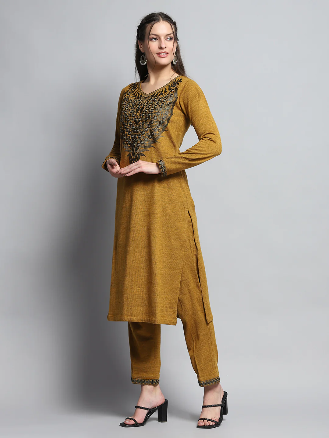 Women Mustard Self Design Round Neck Full Sleeve Kurti Set for Winter - Image 2