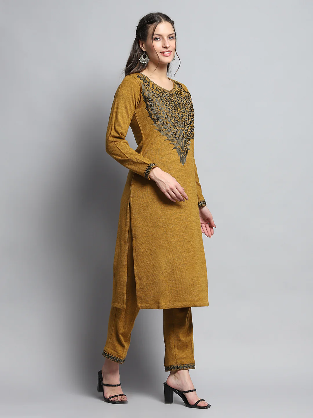 Women Mustard Self Design Round Neck Full Sleeve Kurti Set for Winter - Image 4