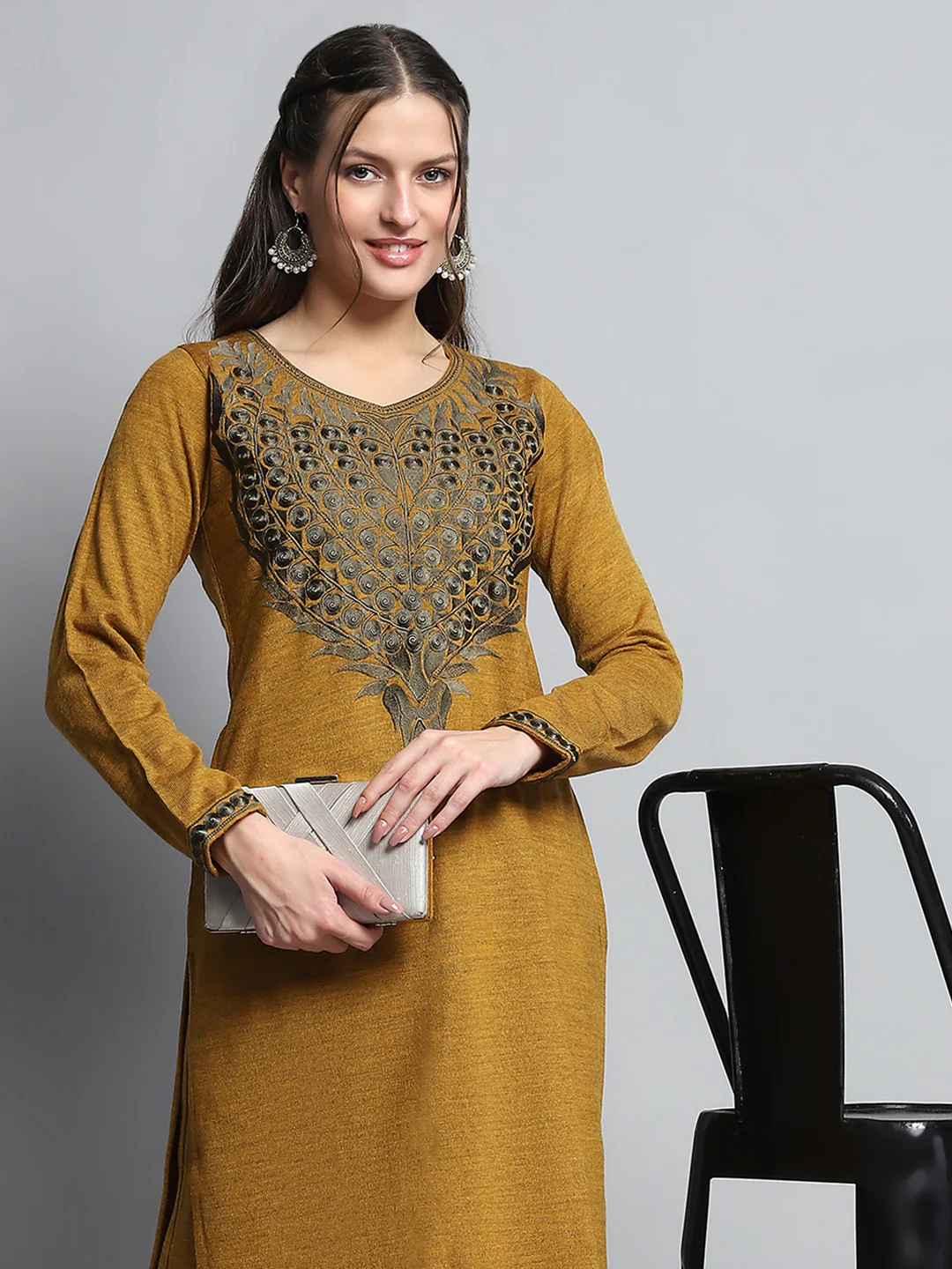 Women Mustard Self Design Round Neck Full Sleeve Kurti Set for Winter - Image 6