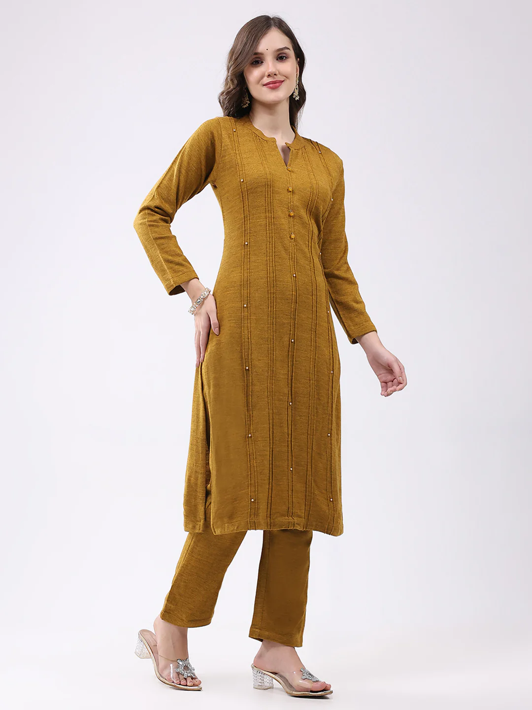 Women Mustard Self Design Round Neck Full Sleeve Kurti Set for Winter - Image 4