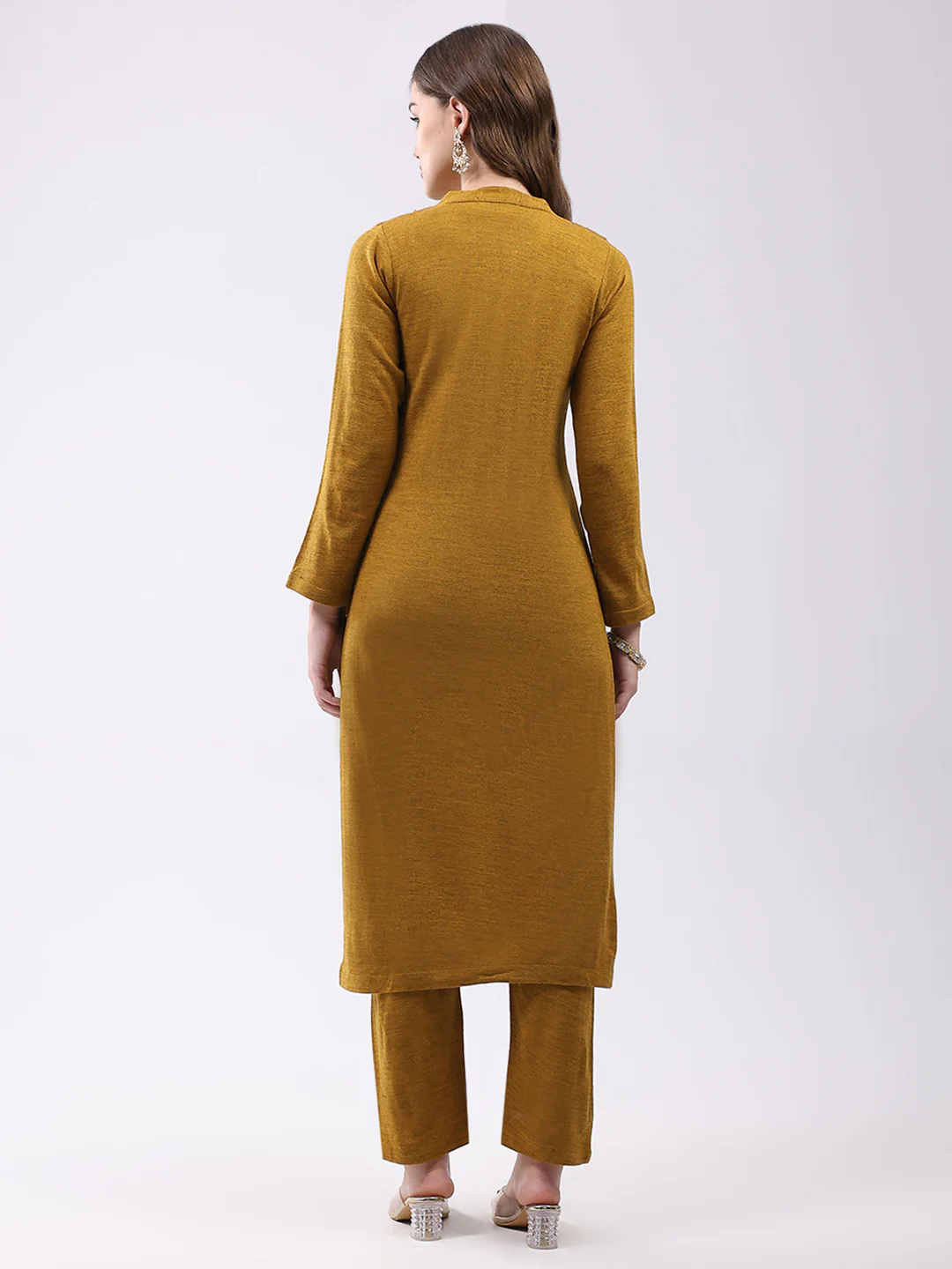Women Mustard Self Design Round Neck Full Sleeve Kurti Set for Winter - Image 5