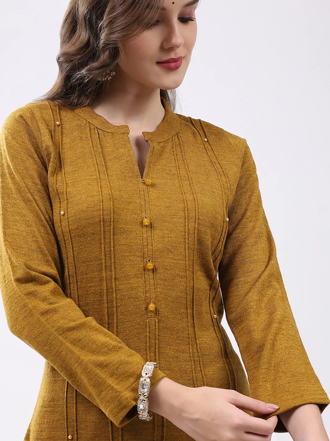 Women Mustard Self Design Round Neck Full Sleeve Kurti Set for Winter - Image 6