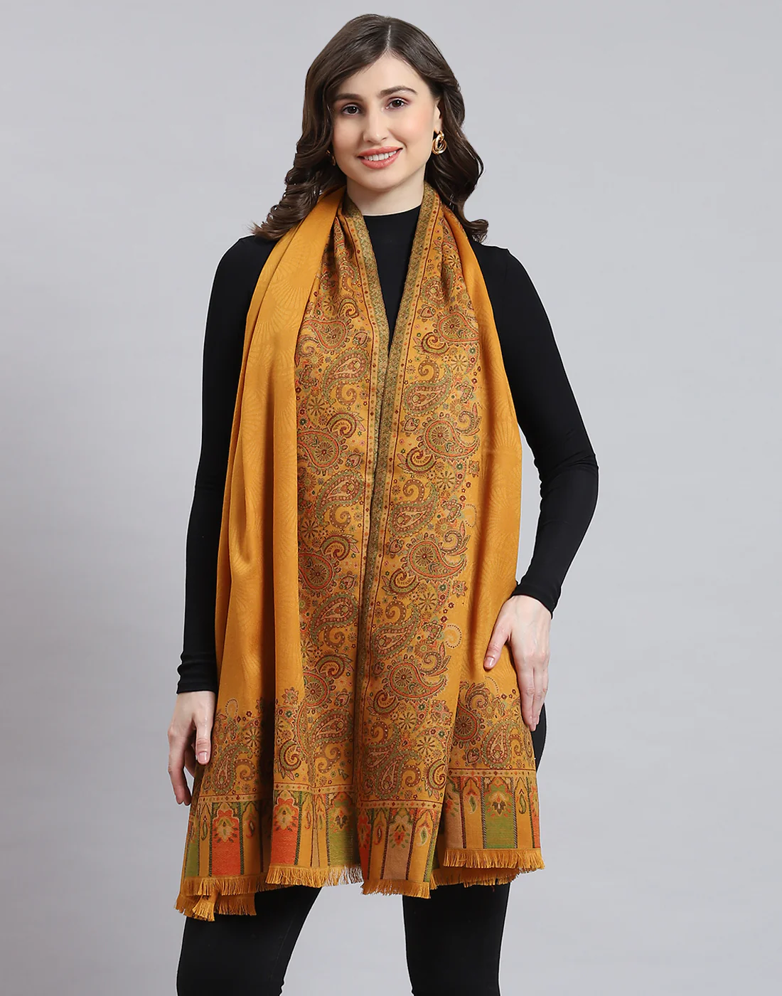 Women Mustard Self Design Shawl - Image 2
