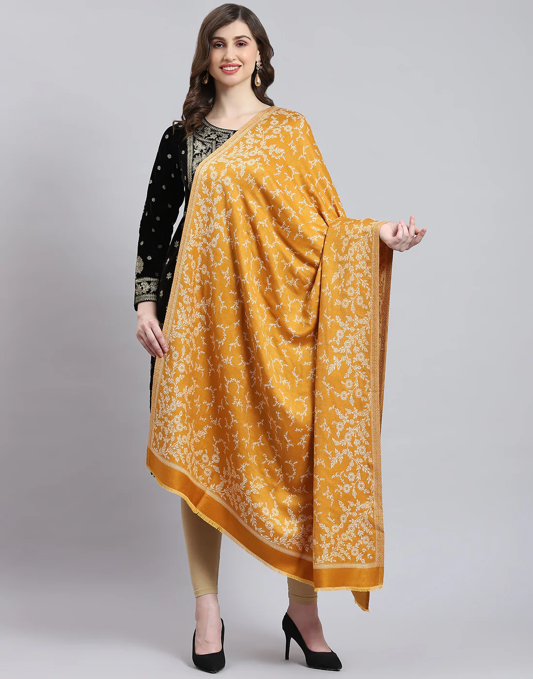 Women Mustard Self Design Shawl - Image 2