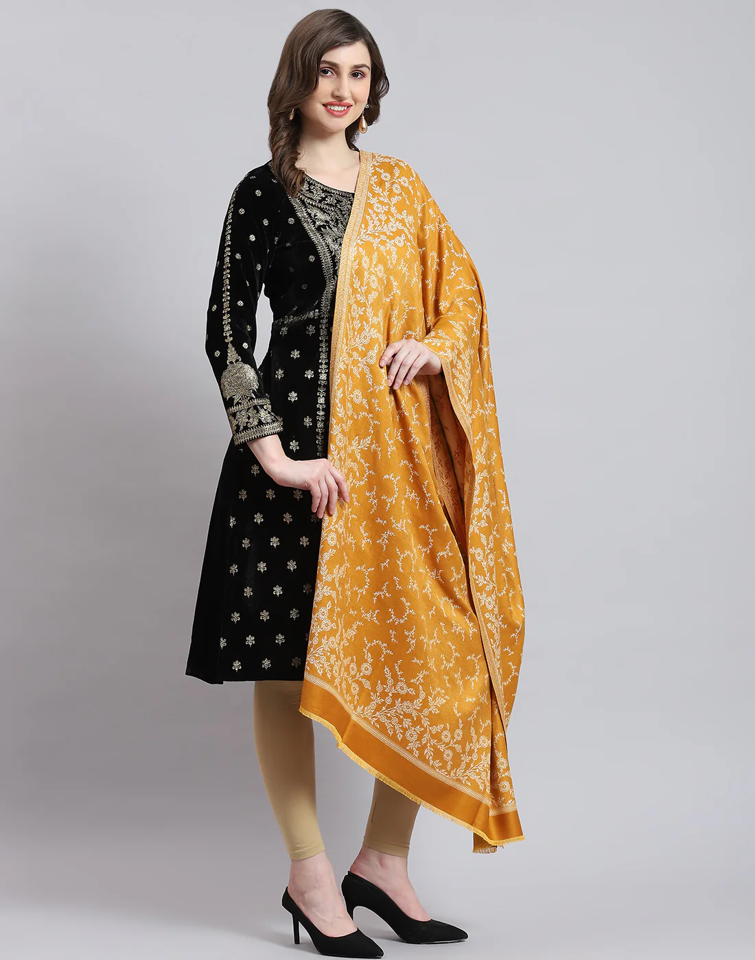 Women Mustard Self Design Shawl - Image 4