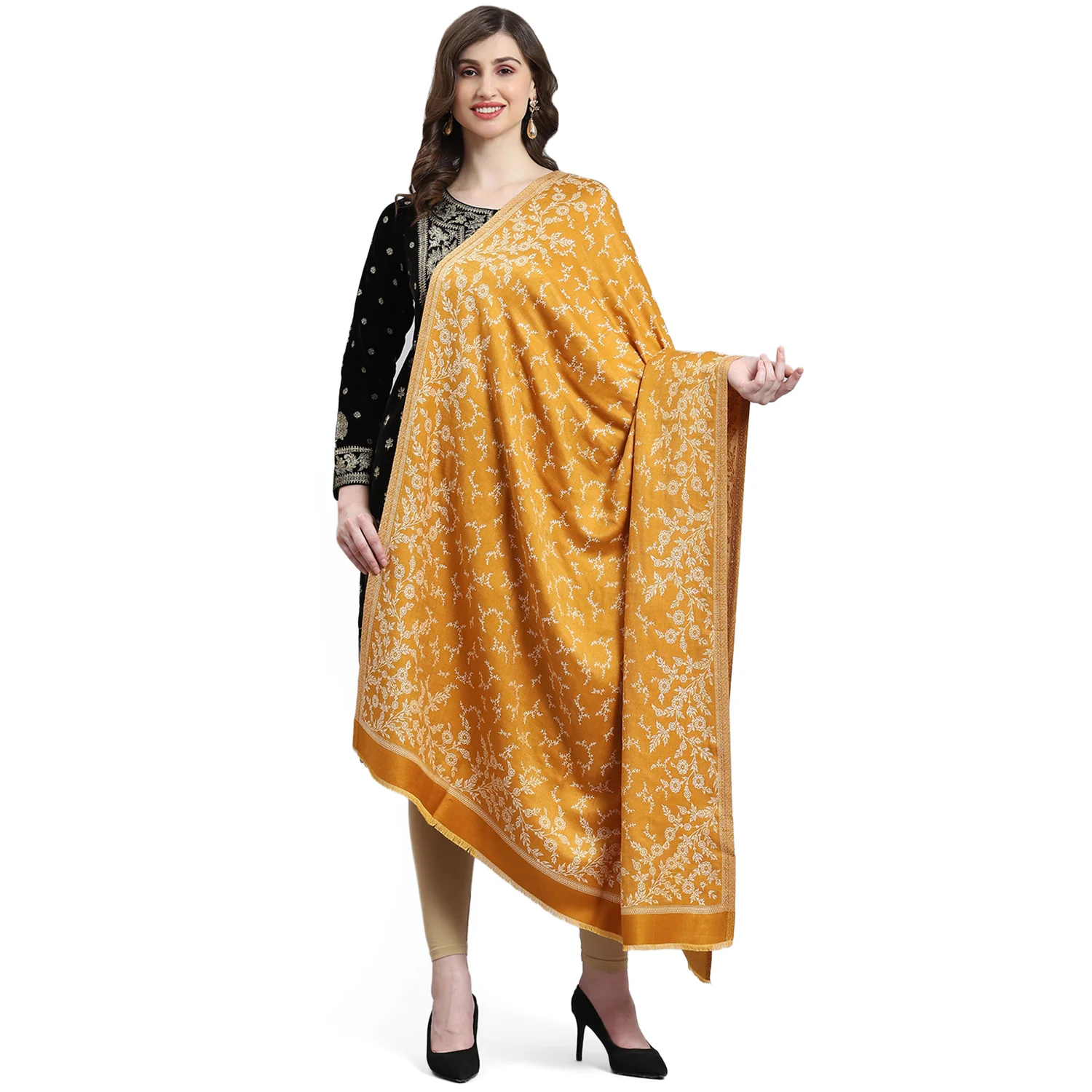 Women Mustard Self Design Shawl - Image 5