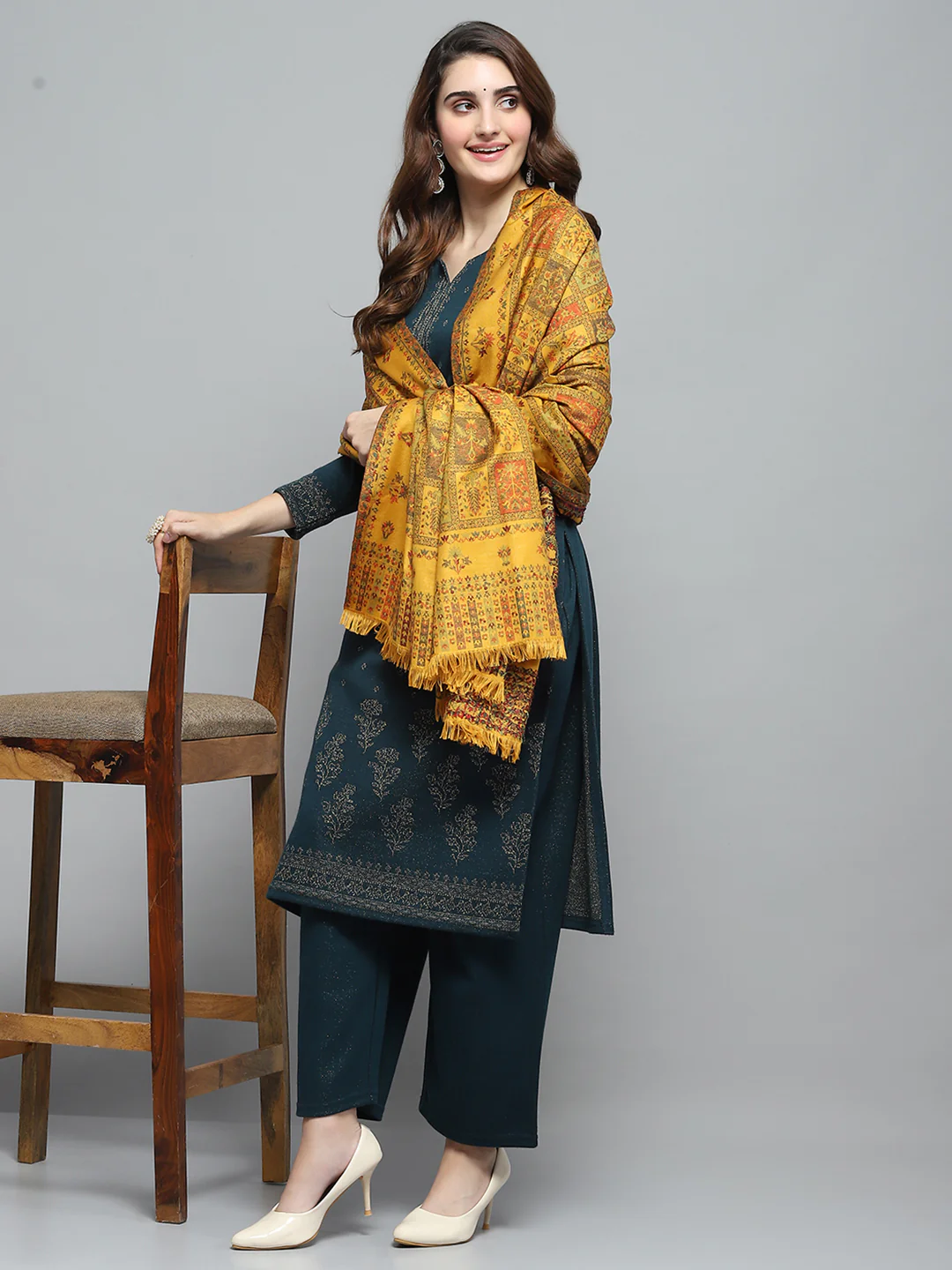 Women Mustard Self Design Shawl - Image 2