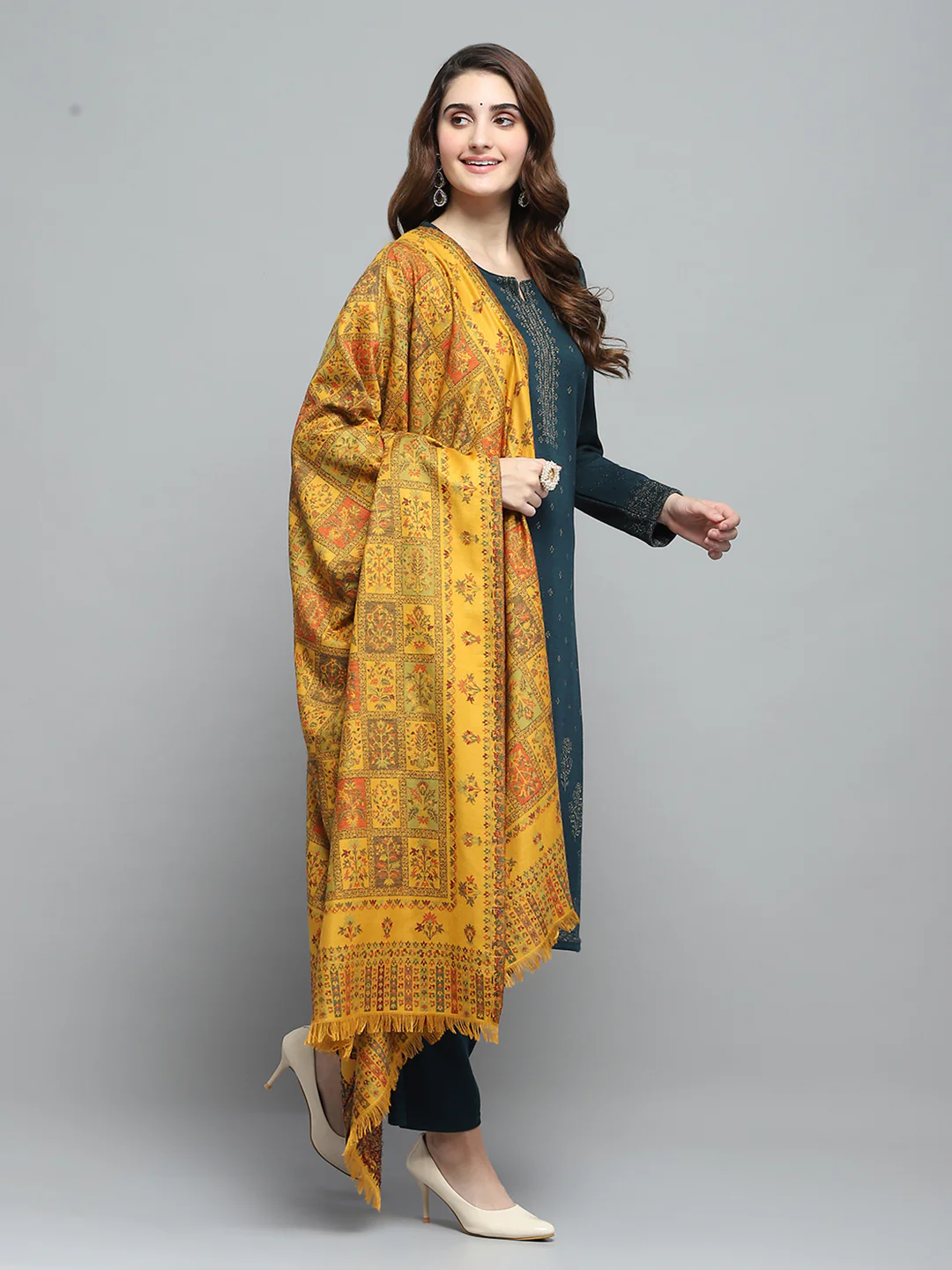 Women Mustard Self Design Shawl - Image 4