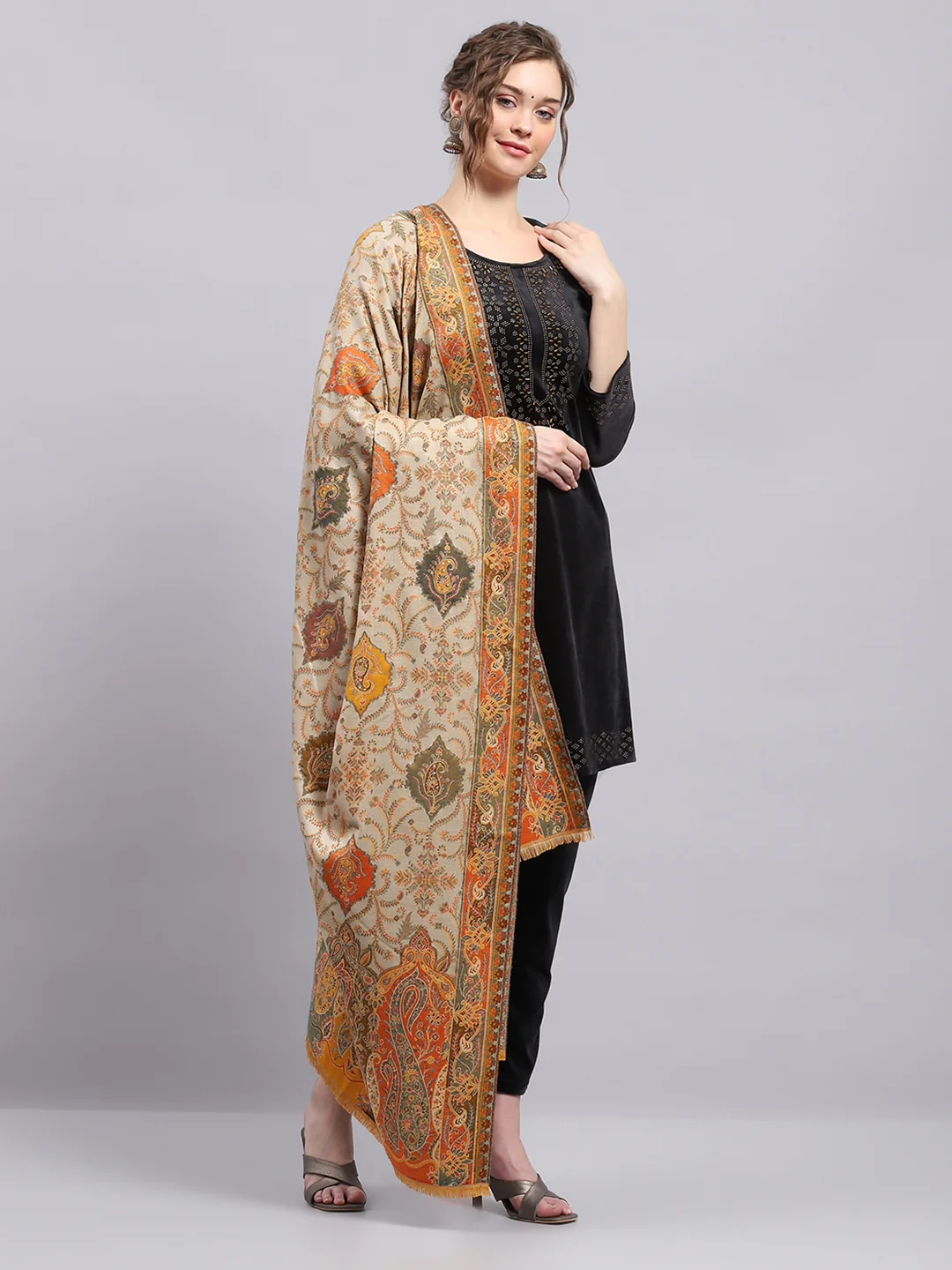 Women Mustard Self Design Shawl - Image 4