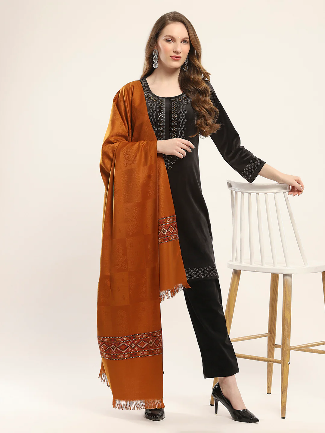 Women Mustard Self Design Shawl - Image 2