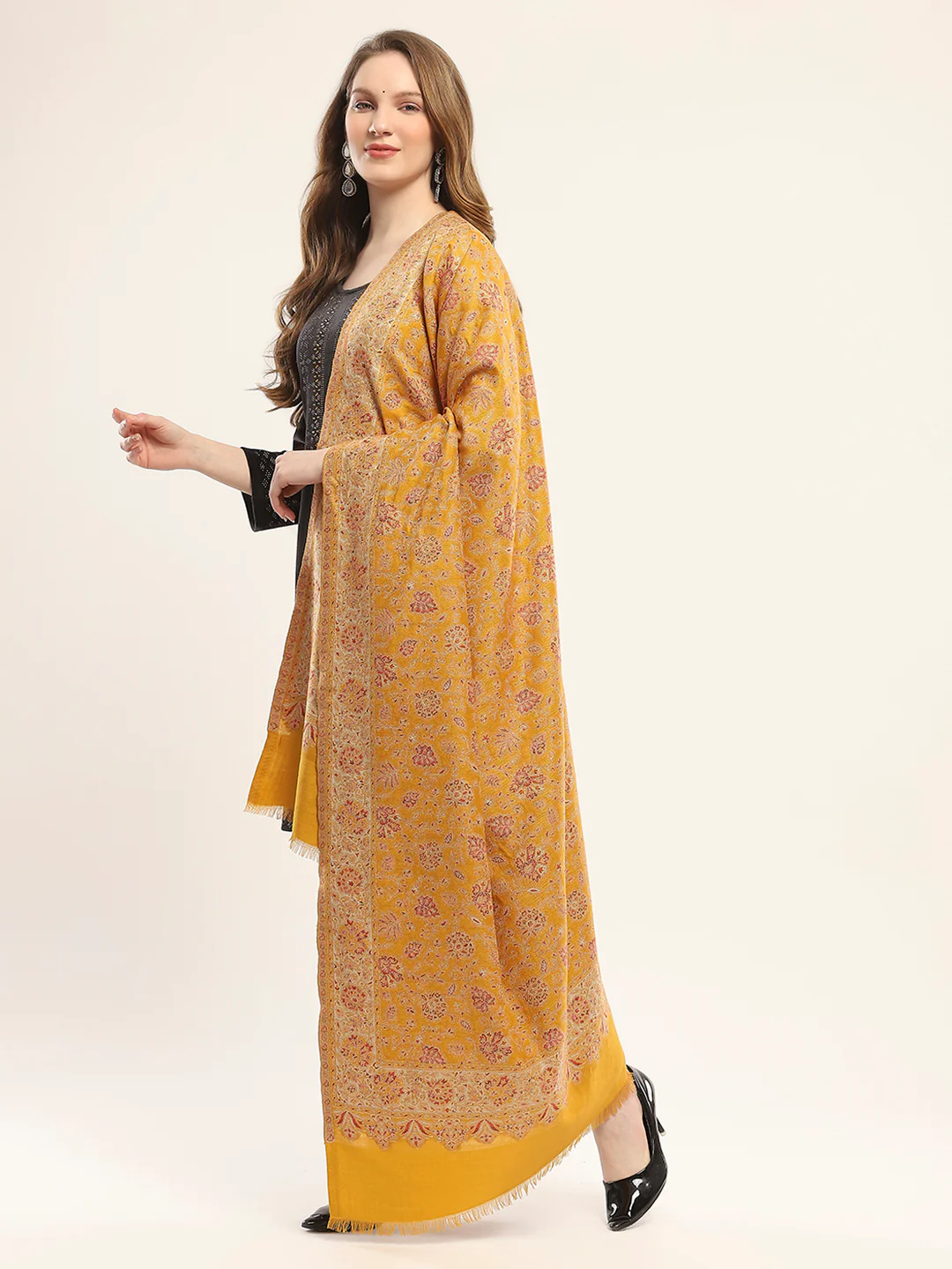 Women Mustard Self Design Shawl - Image 3