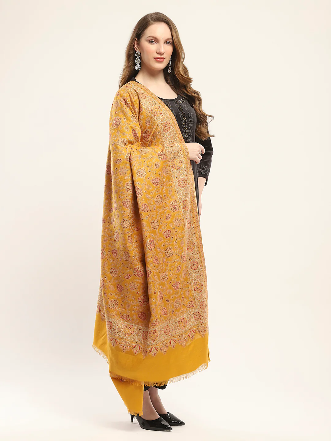Women Mustard Self Design Shawl - Image 4