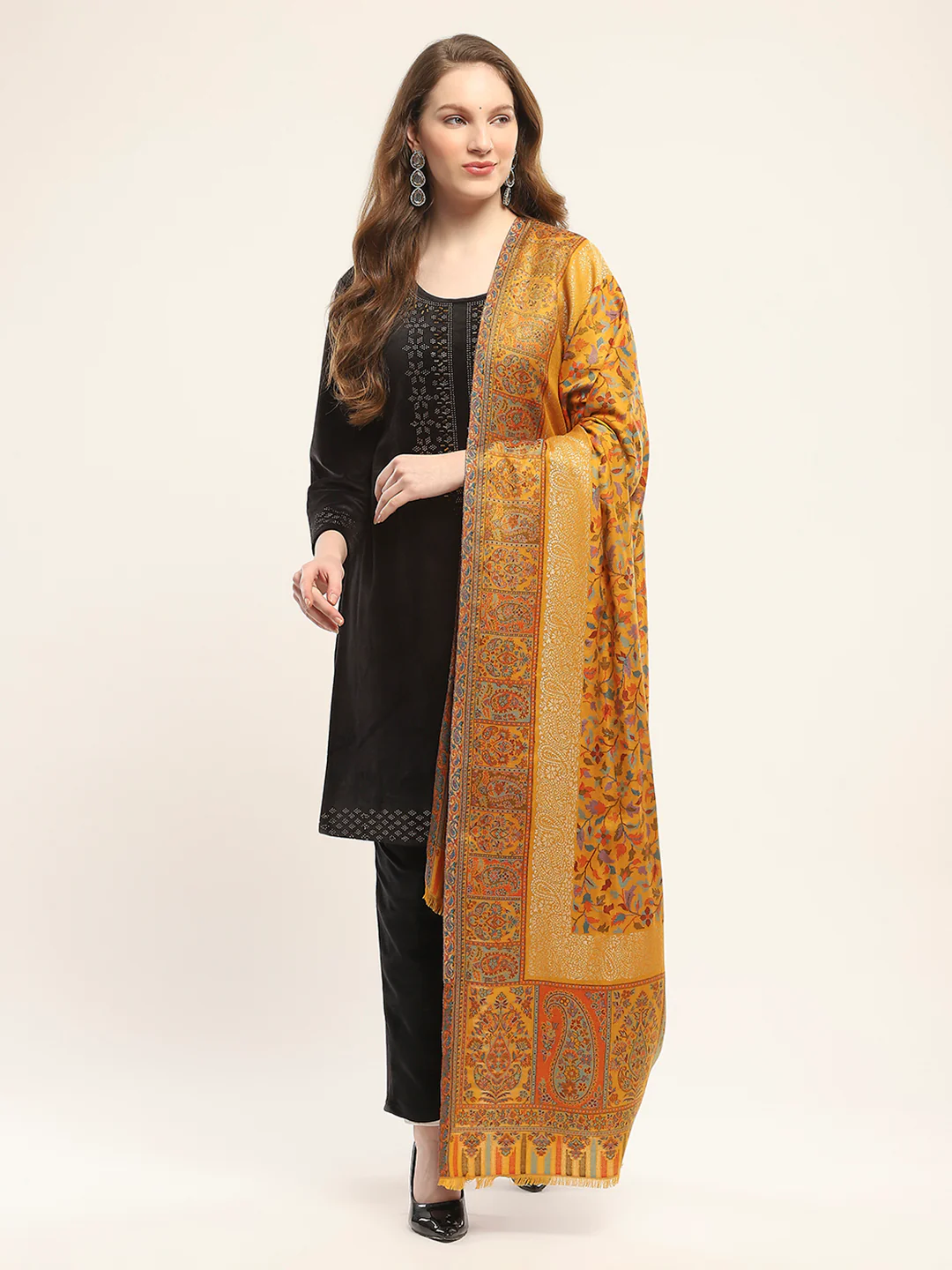 Women Mustard Self Design Shawl