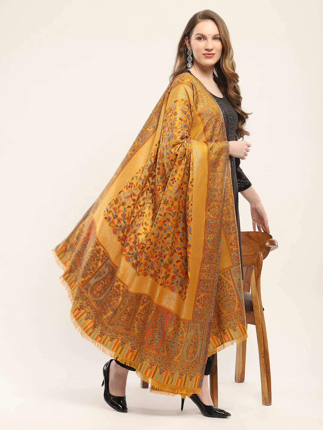 Women Mustard Self Design Shawl - Image 2