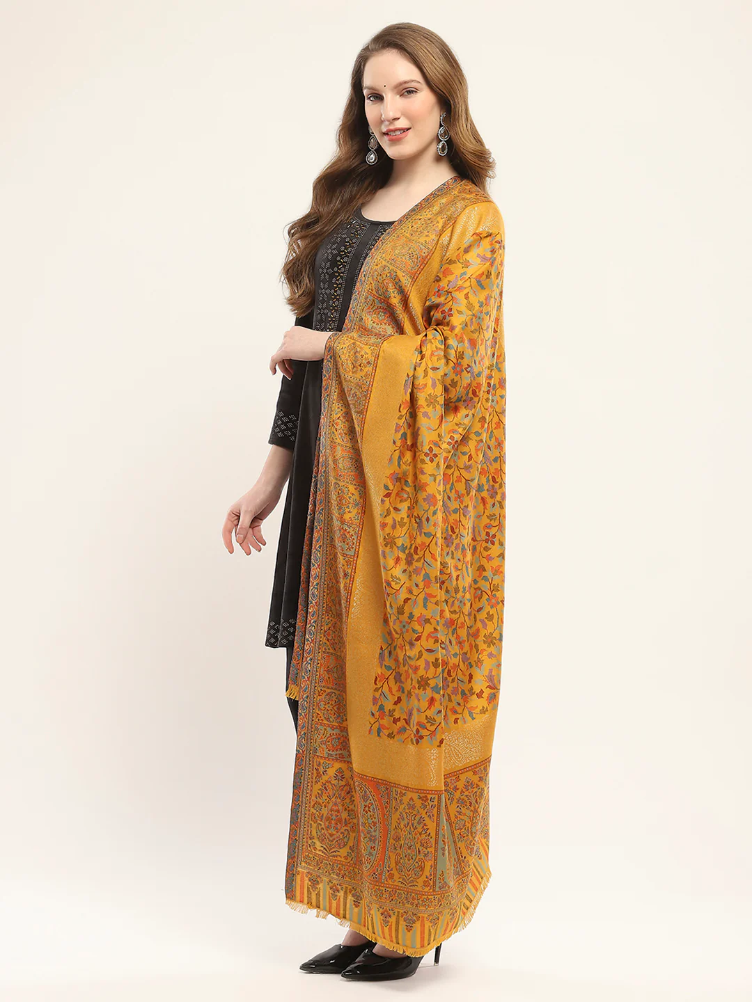 Women Mustard Self Design Shawl - Image 3