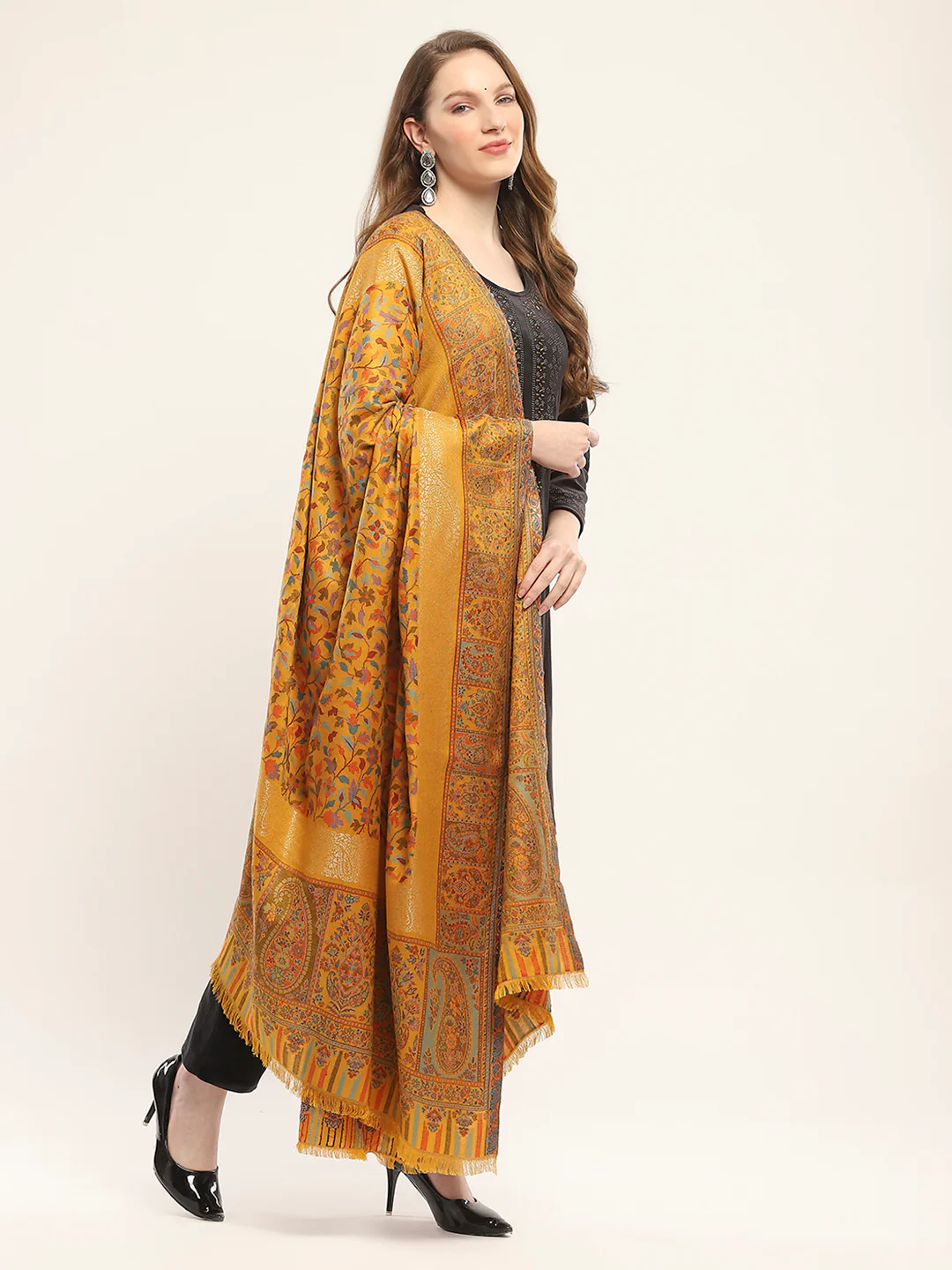 Women Mustard Self Design Shawl - Image 4