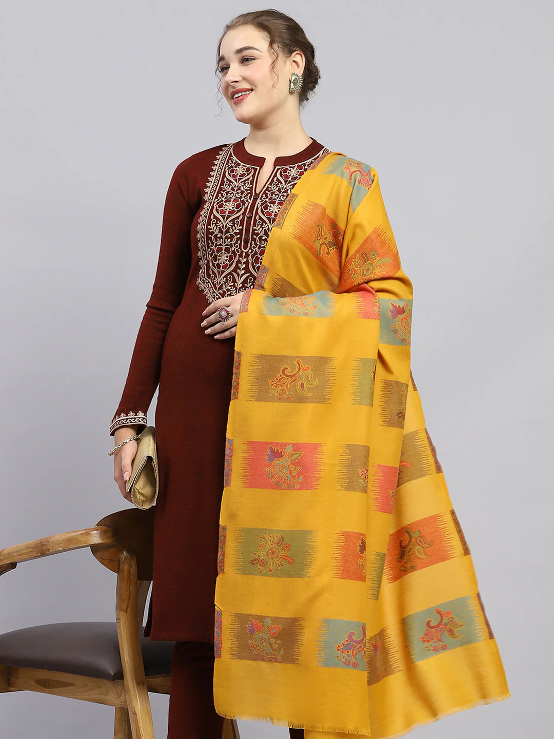 Women Mustard Self Design Shawl - Image 6