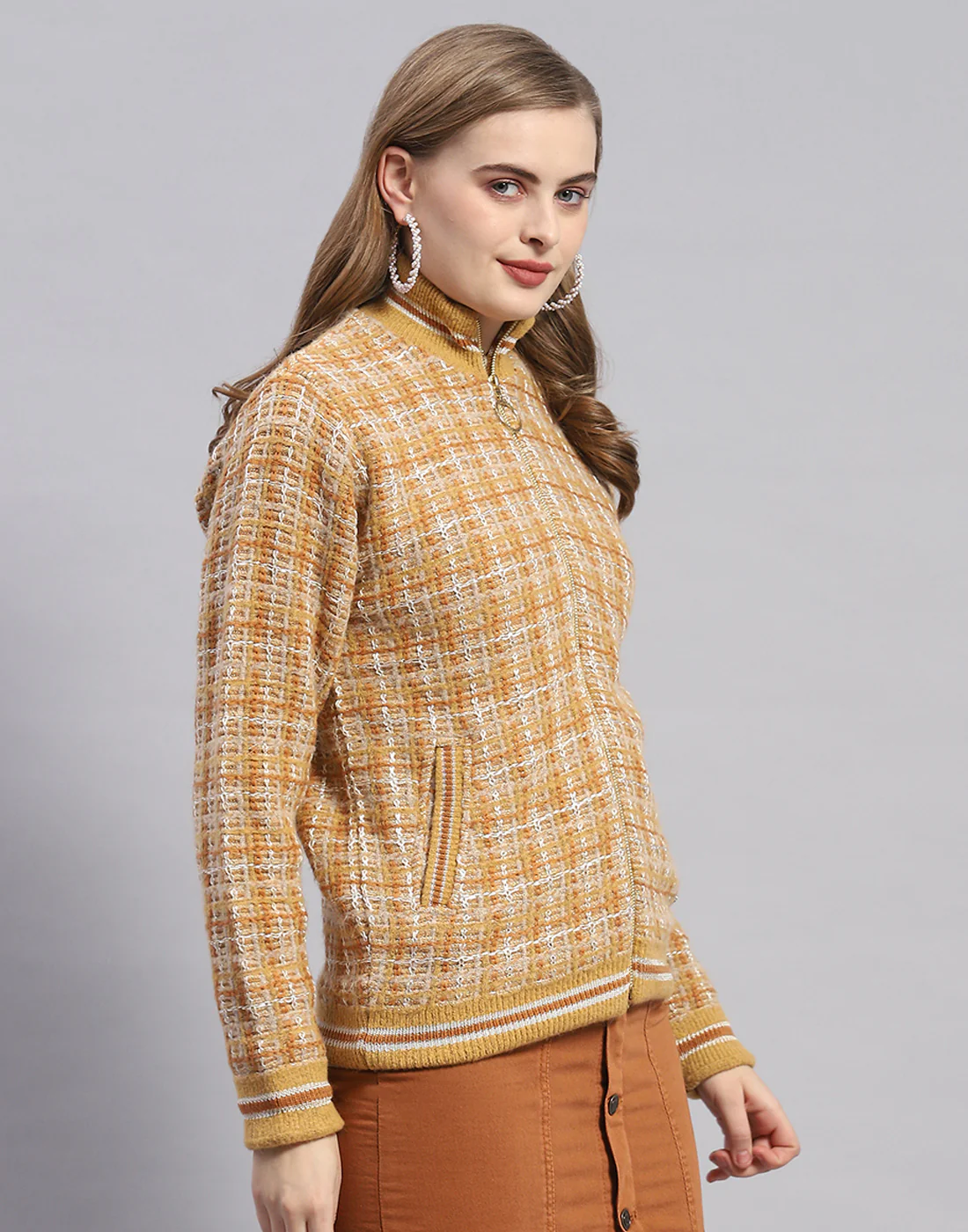 Women Mustard Self Design Stand Collar Full Sleeve Jacket - Image 4
