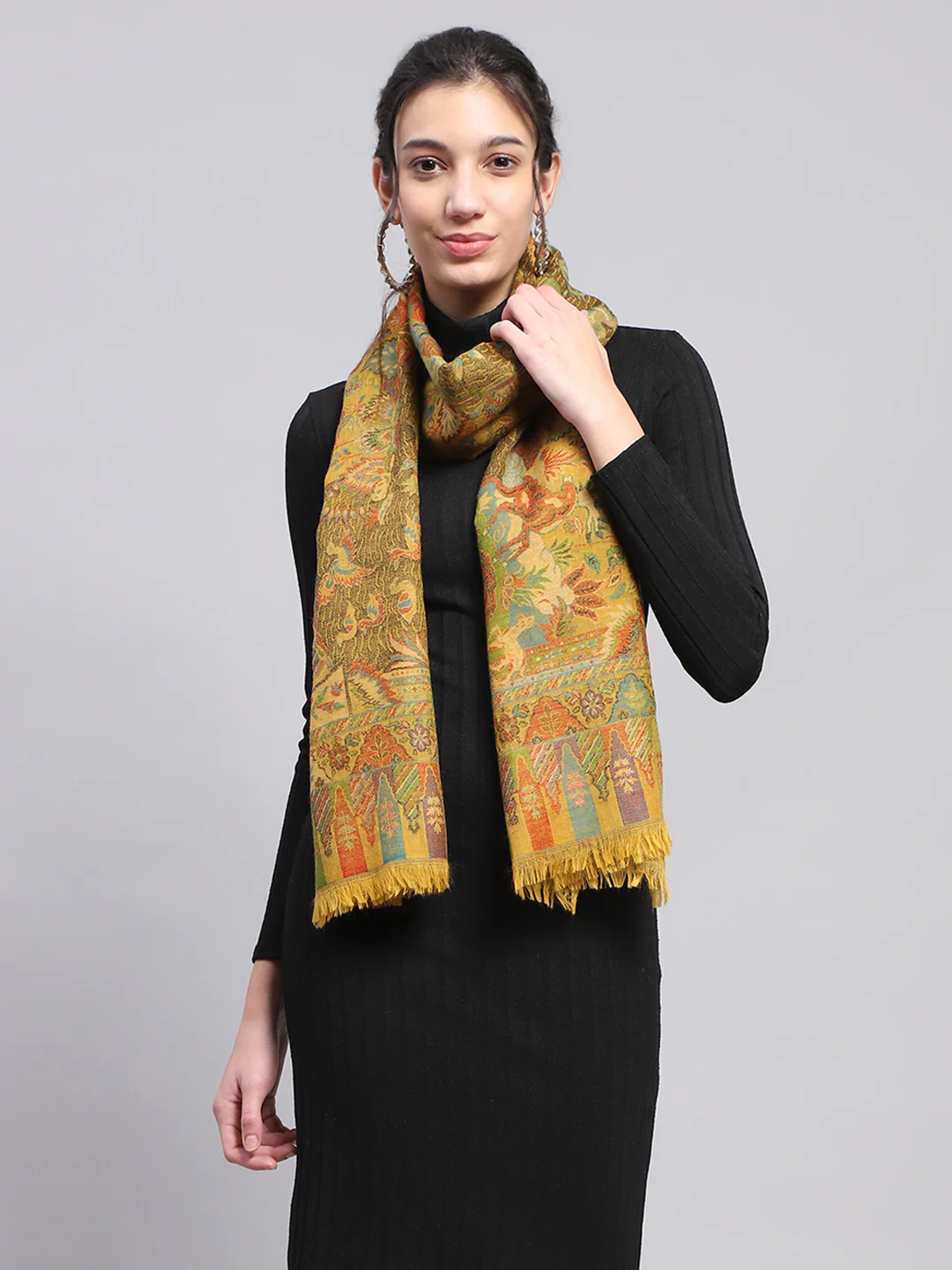 Women Mustard Self Design Stole - Image 3