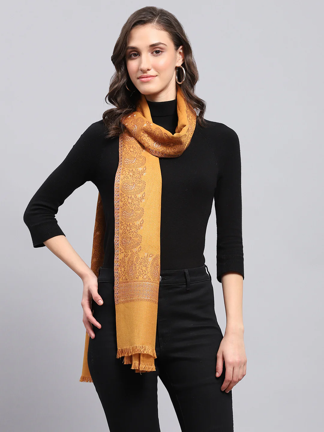 Women Mustard Self Design Stole - Image 3