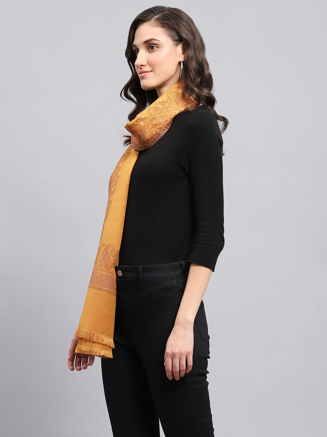 Women Mustard Self Design Stole - Image 4