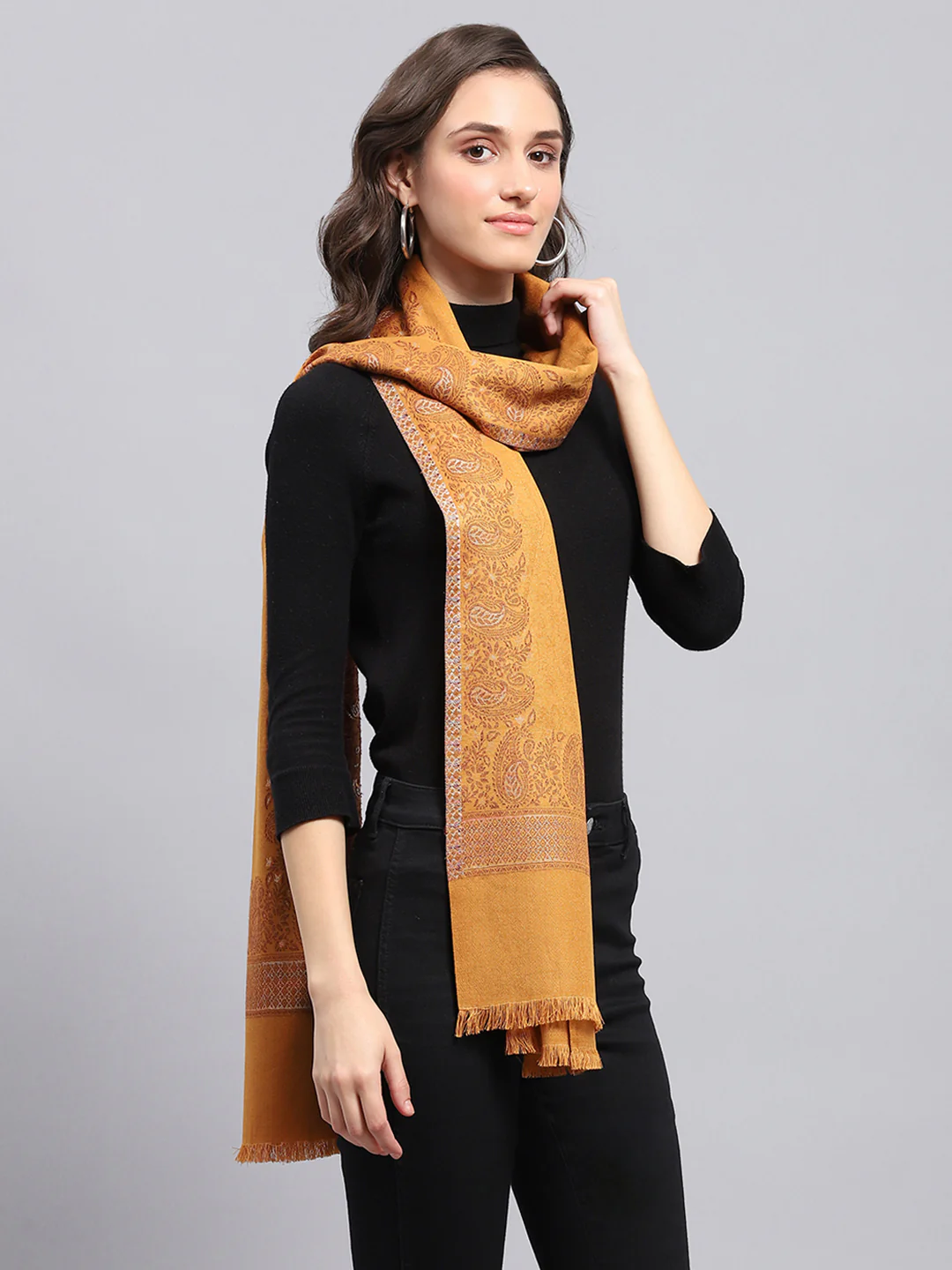 Women Mustard Self Design Stole - Image 5
