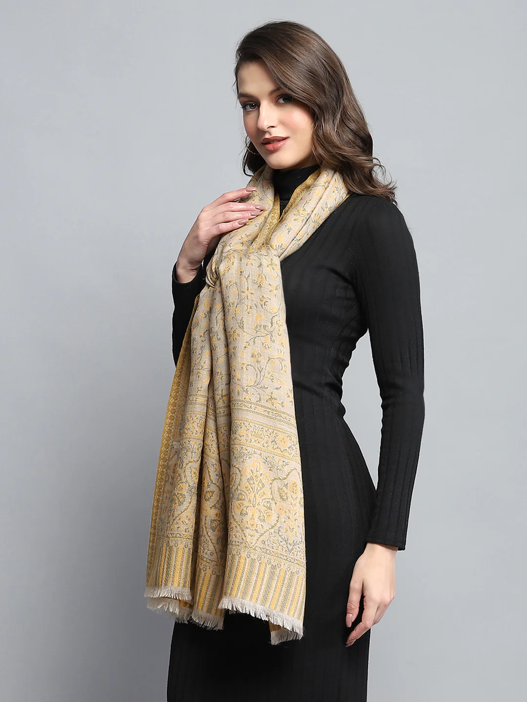 Women Mustard Self Design Stole - Image 4