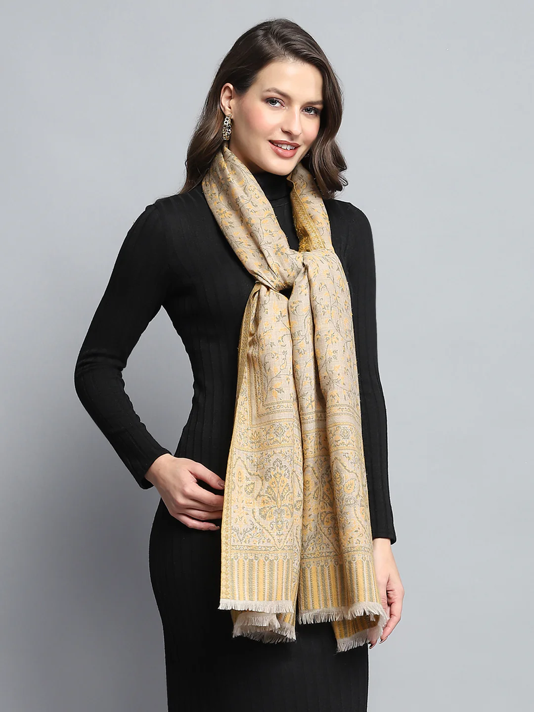 Women Mustard Self Design Stole - Image 5
