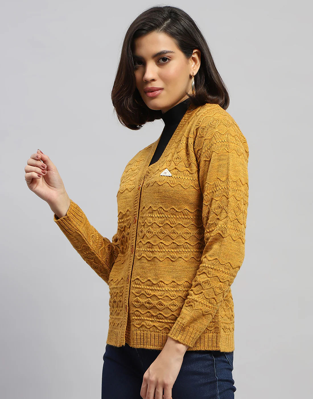 Women Mustard Self Design V Neck Full Sleeve Cardigan - Image 3