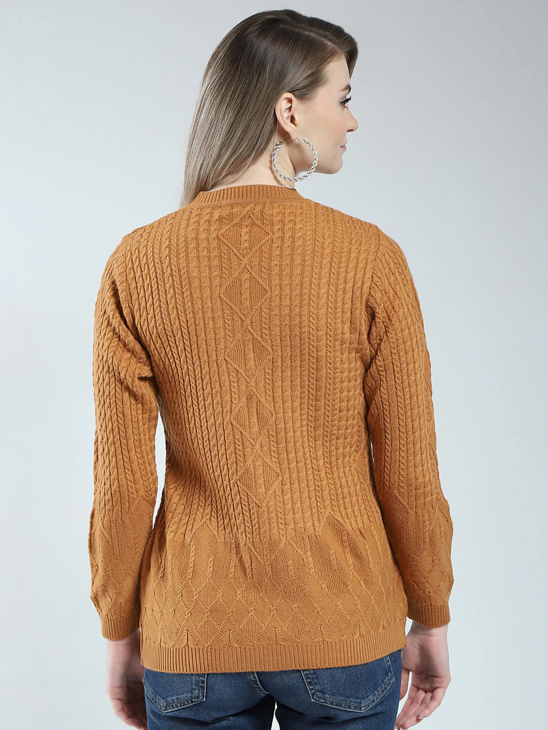 Women Mustard Self Design V Neck Full Sleeve Cardigan - Image 5
