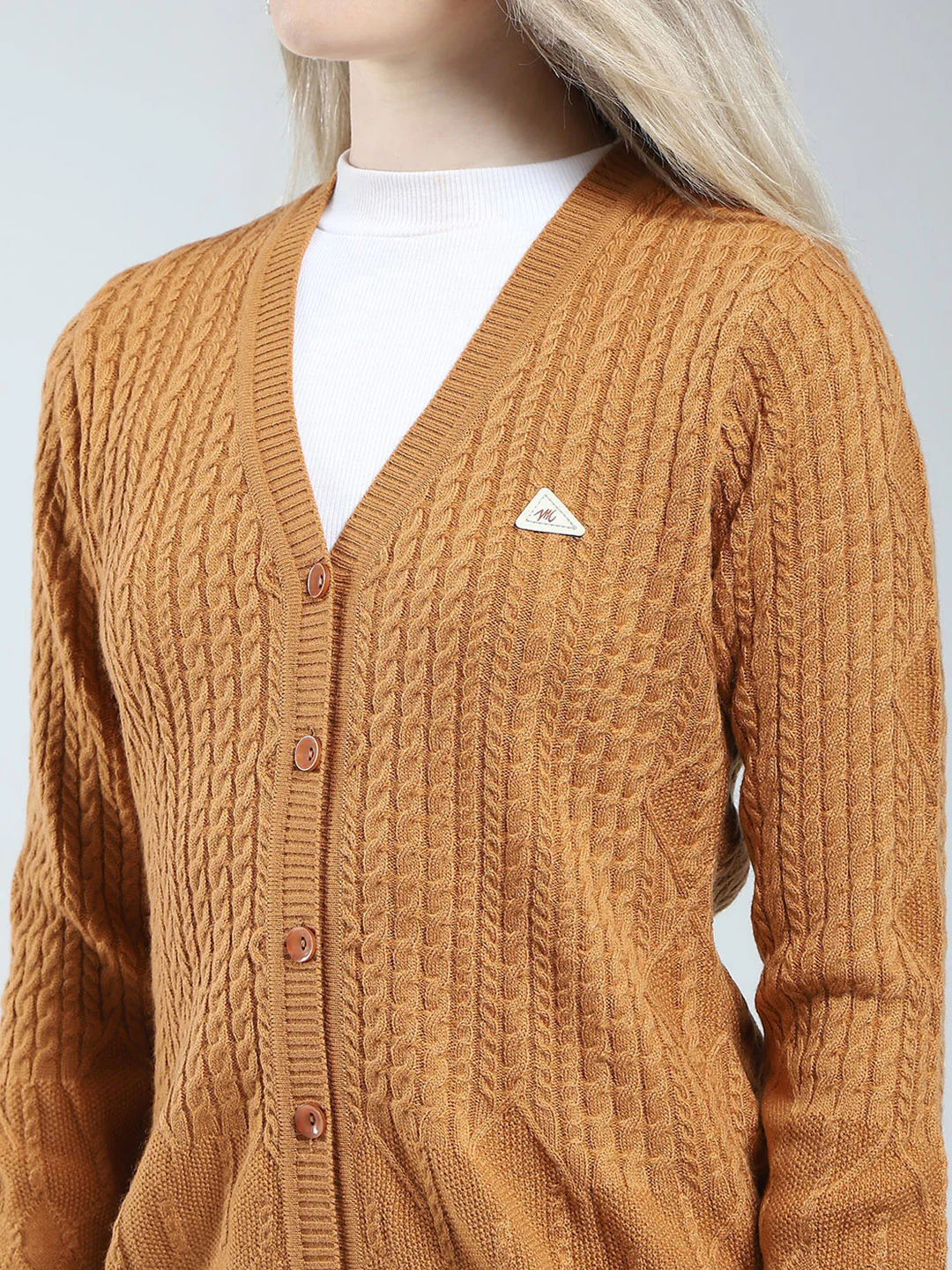 Women Mustard Self Design V Neck Full Sleeve Cardigan - Image 6