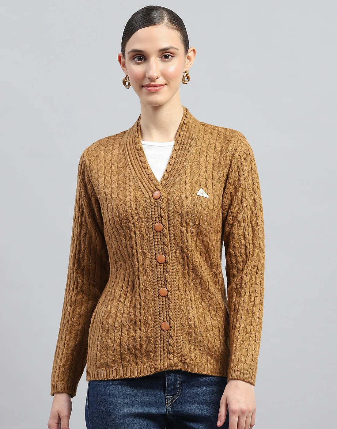 Women Mustard Self Design V Neck Full Sleeve Cardigan - Image 2