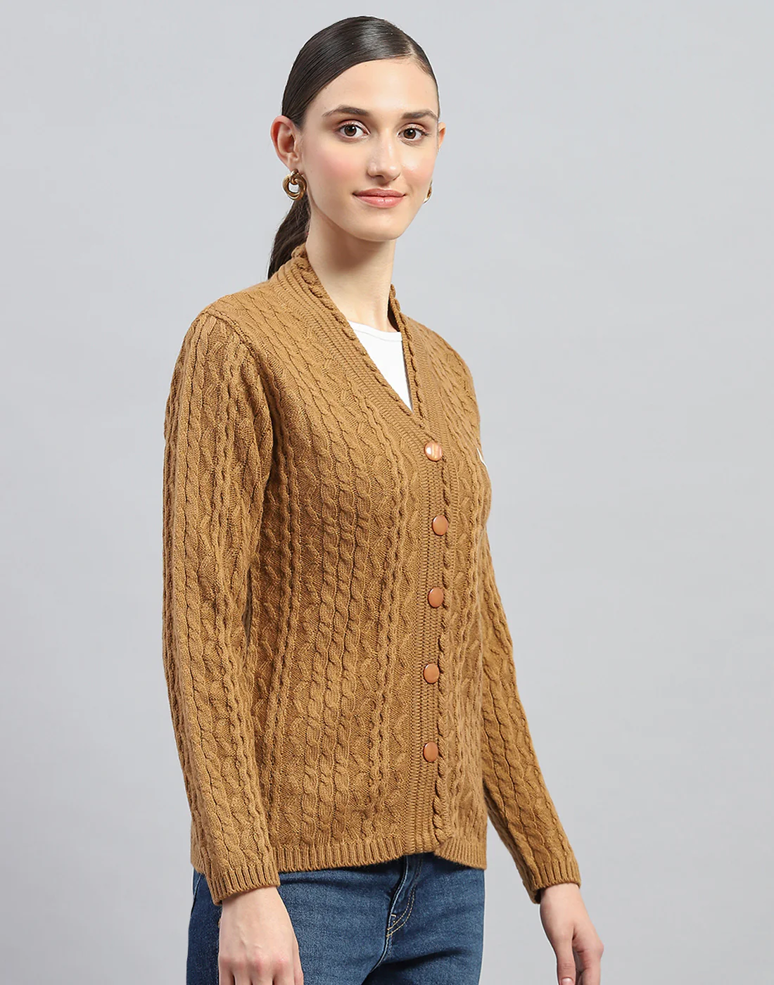 Women Mustard Self Design V Neck Full Sleeve Cardigan - Image 4