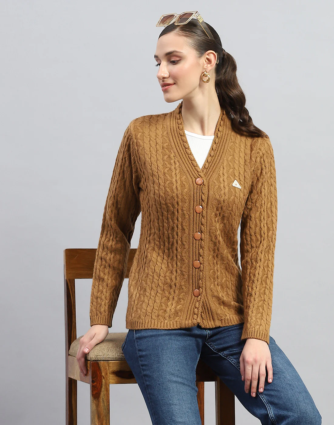Women Mustard Self Design V Neck Full Sleeve Cardigan - Image 6