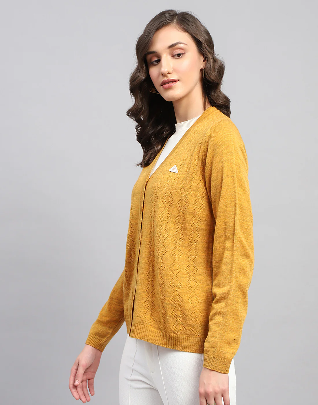 Women Mustard Self Design V Neck Full Sleeve Cardigan - Image 3
