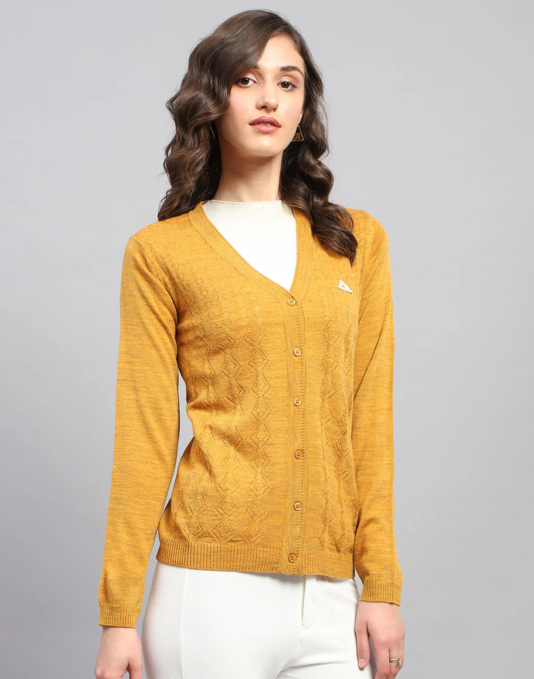 Women Mustard Self Design V Neck Full Sleeve Cardigan - Image 4