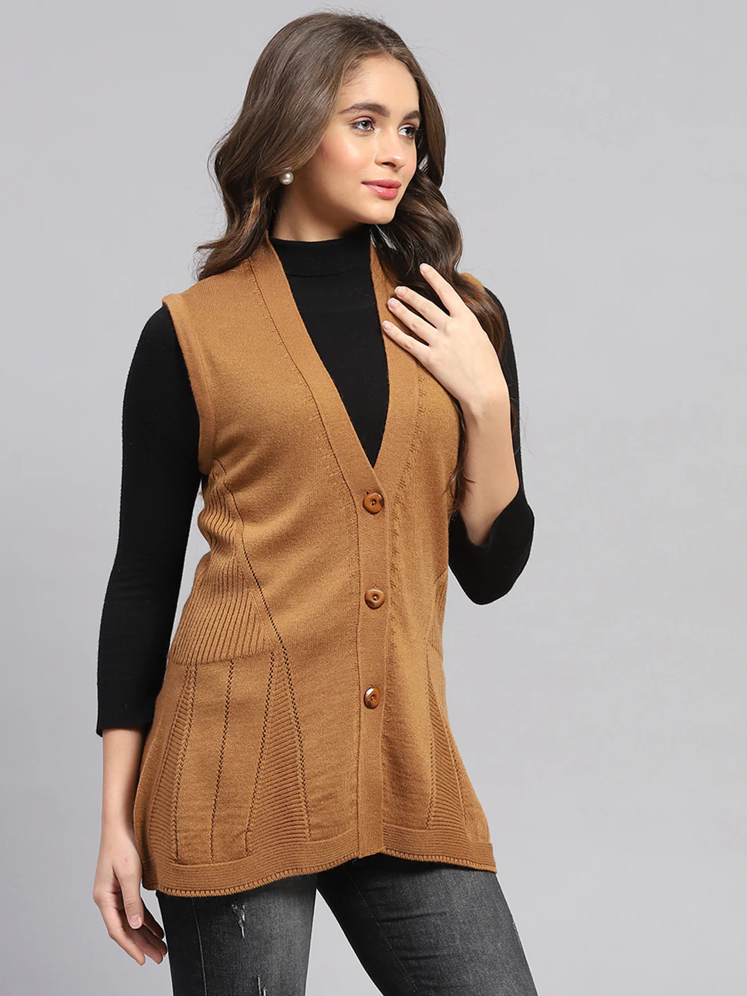 Women Mustard Self Design V Neck Full Sleeve Cardigan - Image 4