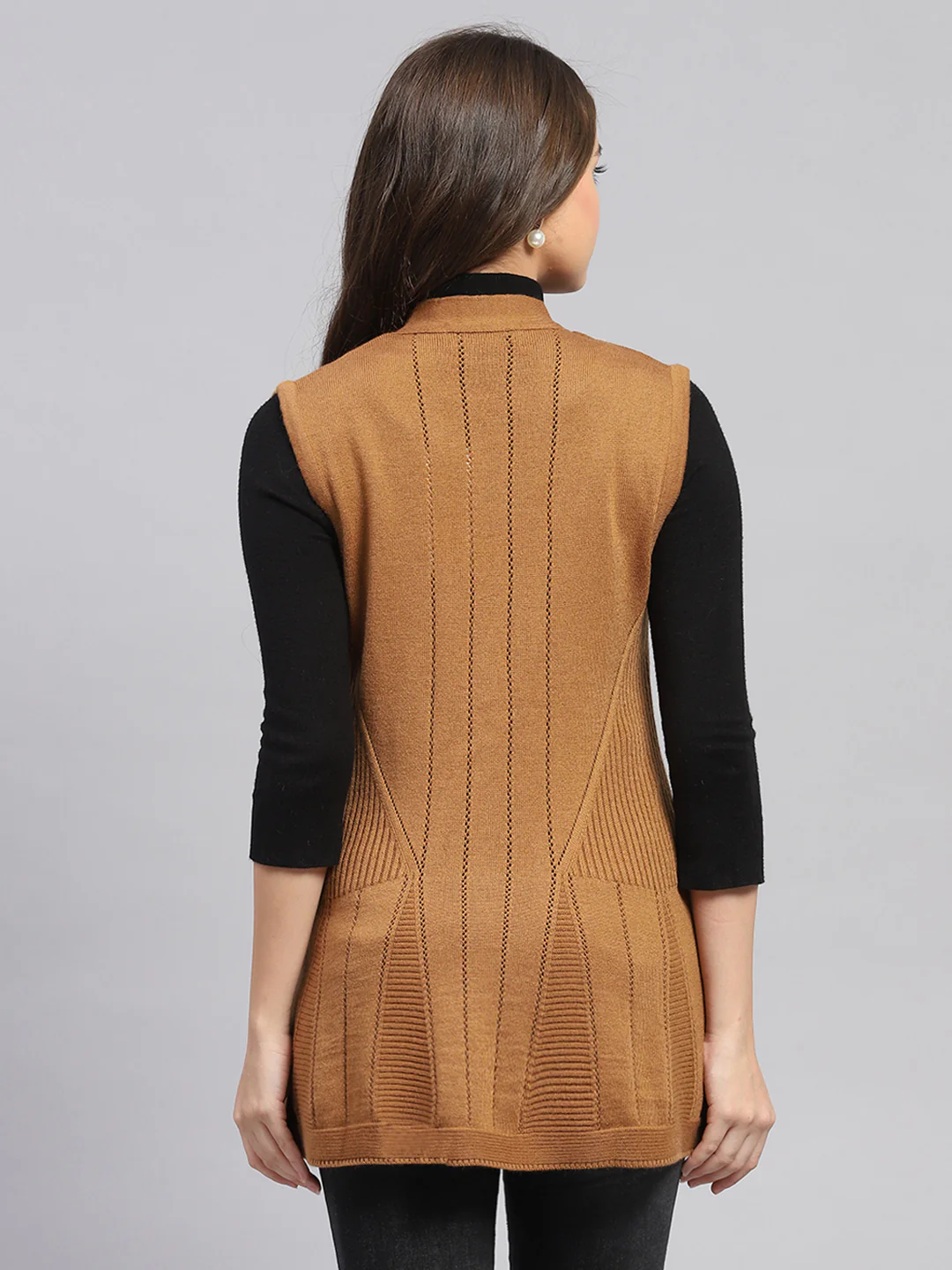 Women Mustard Self Design V Neck Full Sleeve Cardigan - Image 5