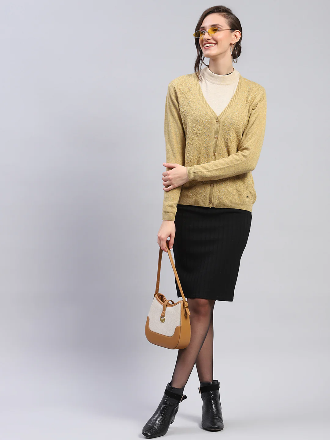 Women Mustard Self Design V Neck Full Sleeve Cardigan - Image 2